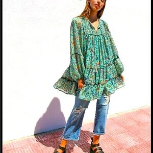 Free People small Floral Green teal Women's Top dress boho bohemian oversized